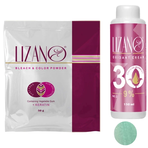 پودر دکلره لیزانو مدل 002 وزن 50 گرم رنگ یخی قطبی به همراه اکسیدان مدل 30vol نه درصدی حجم 150 میلی لیتر