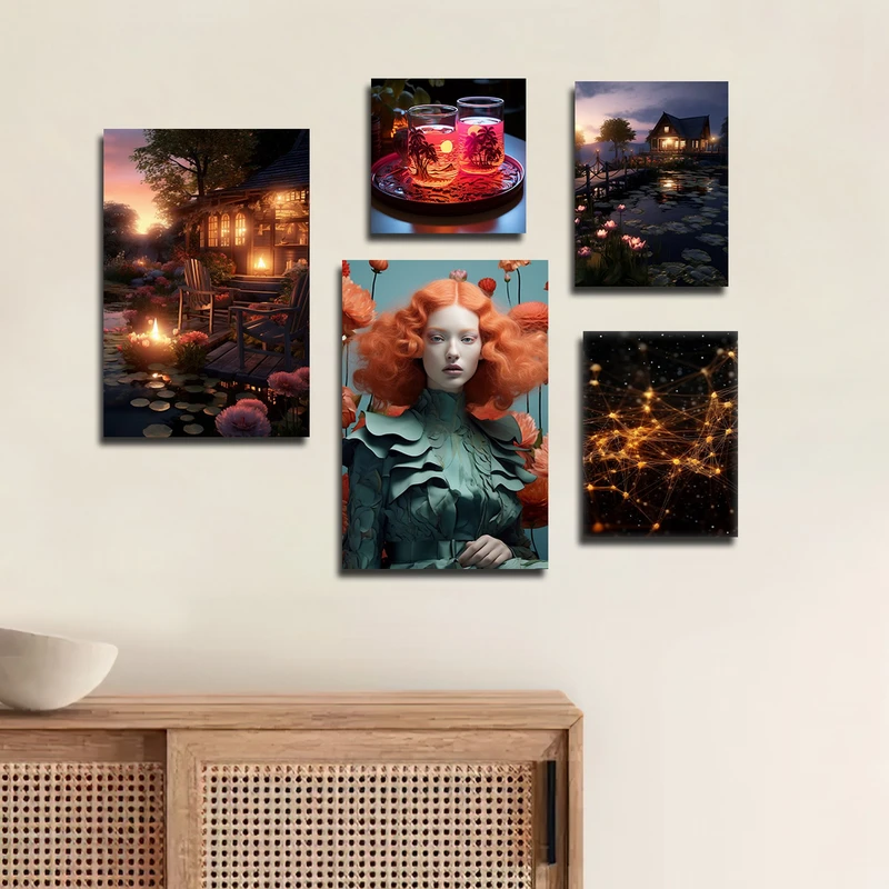 تابلو شاسی بکلیت طرح مدرن منظره کلبه چوبی و چهره مدل  SH-1769 مجموعه 5 عددی