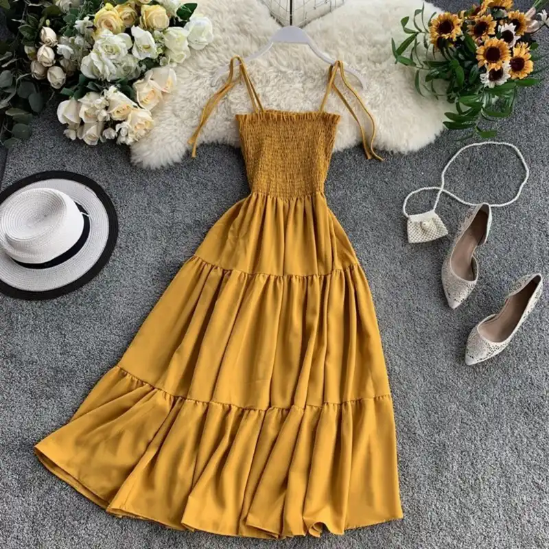 پیراهن ساحلی زنانه مدل تابستانی رنگ خردلی