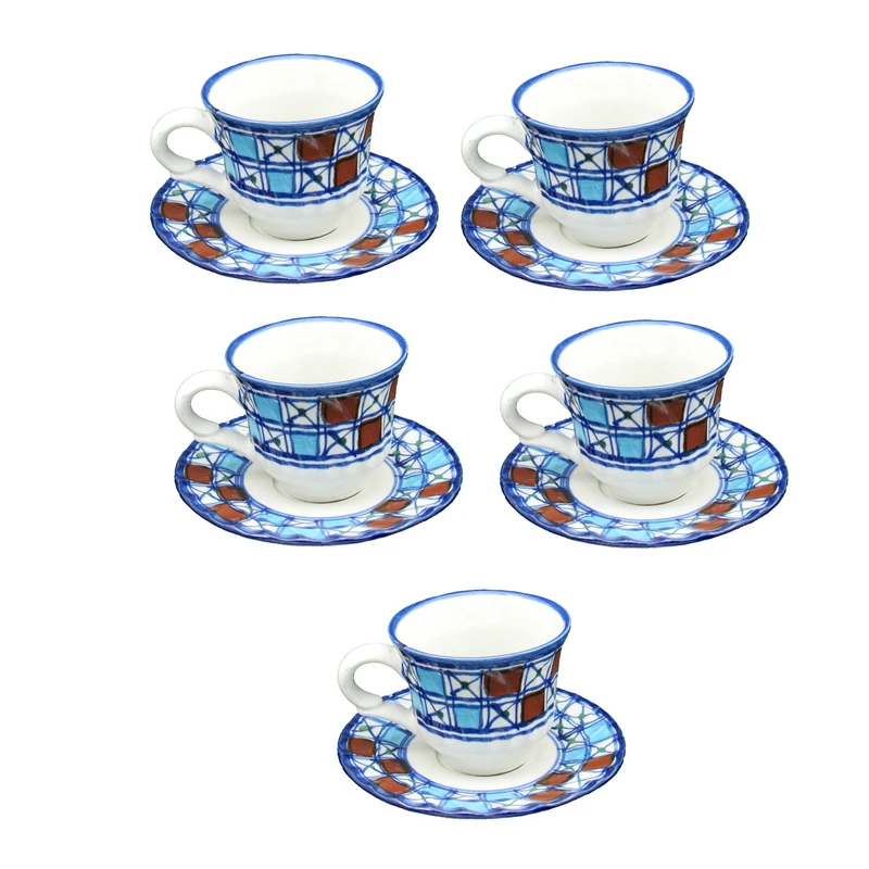 فنجان و نعلبکی چينی ميبد مرواريدمدل شطرنجی مجموعه 5 عددی