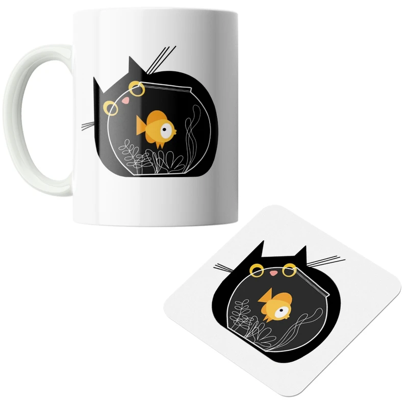 ماگ مدل گربه و ماهی کد DKC578 به همراه زیر لیوانی