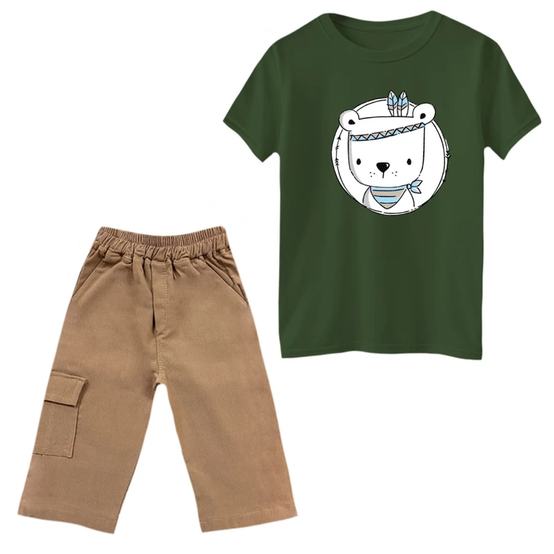 ست تی‌شرت و شلوارک پسرانه مدل خرس سرخپوست