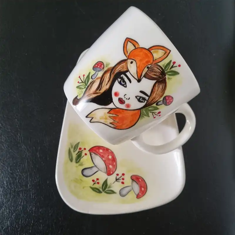 ست لیوان و زیرلیوانی سرامیکی طرح دختر و روباه