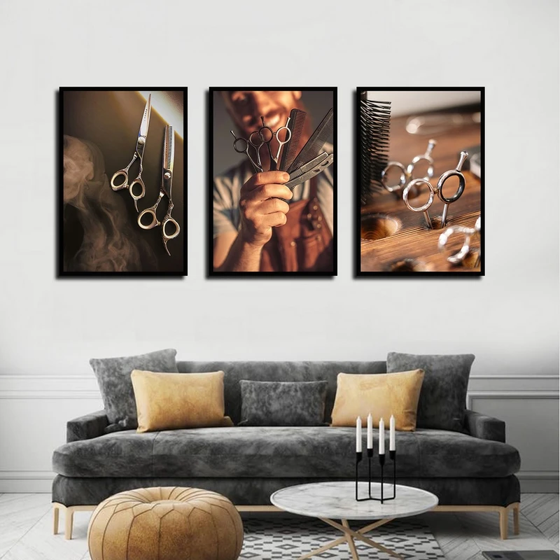 تابلو بکلیت طرح آرایش و پیرایش مردانه مدل B-4198 رنگ فریم مشکی مجموعه 3 عددی