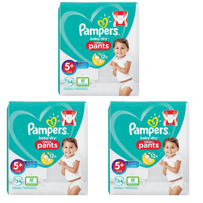 پوشک پمپرز مدل شورتی سایز +5 بسته 34 عددی مجموعه 3 عددی