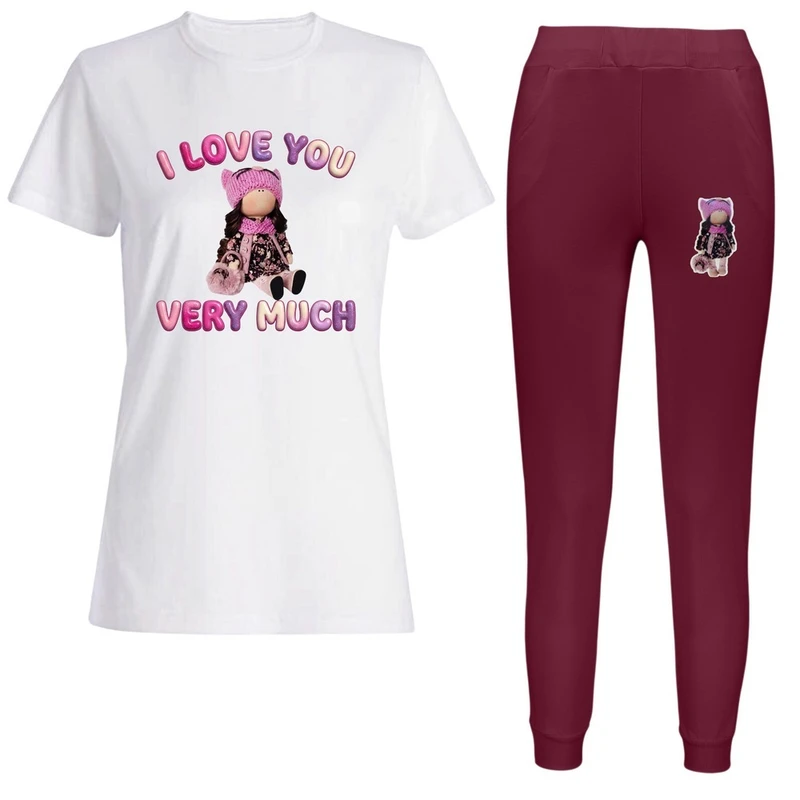 ست تی‌شرت آستین کوتاه و شلوار راحتی زنانه مدل عروسکی i love you