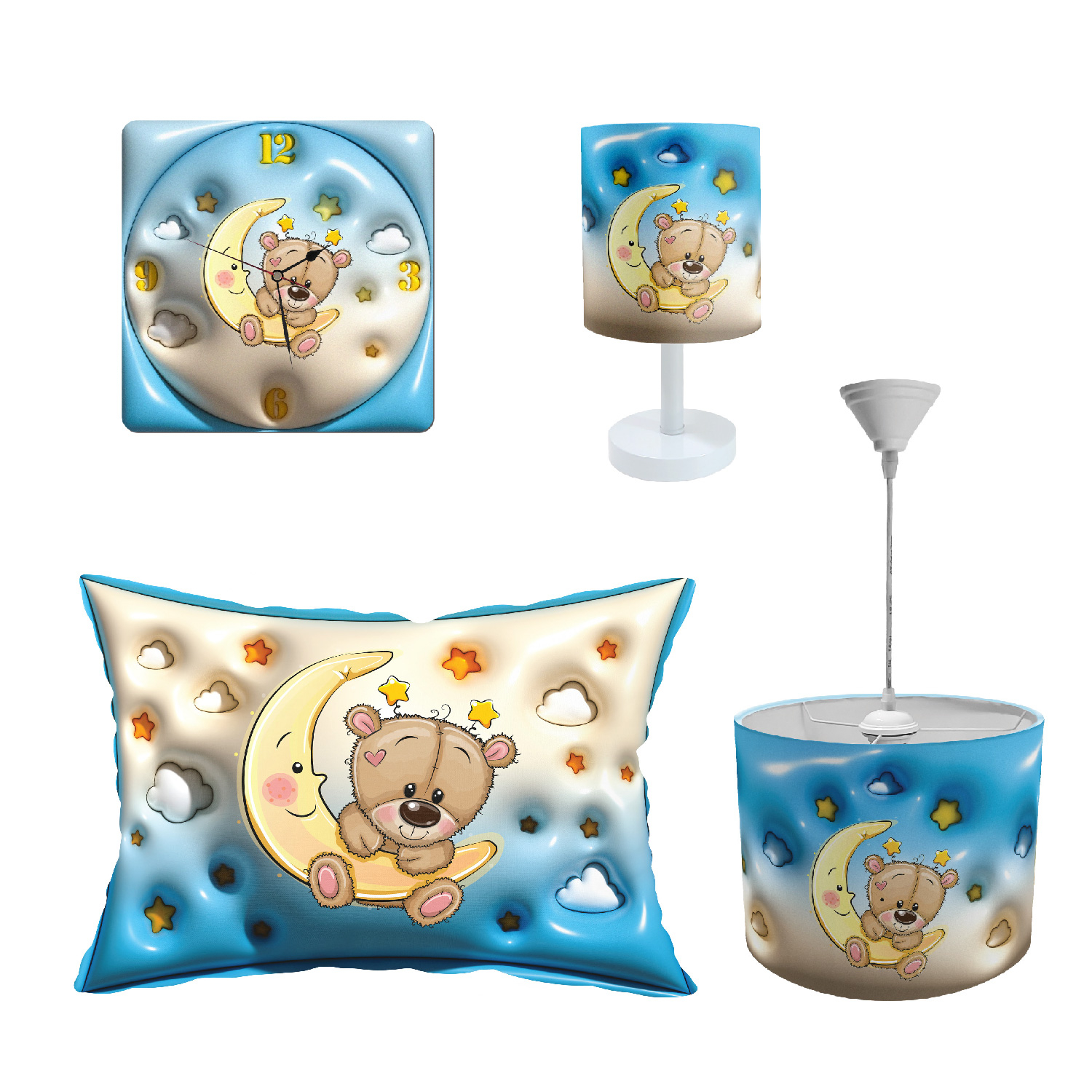 آباژور و لوستر کودک طرح خرس و ماه مدل LBR-SET-005 به همراه ساعت و روبالشی
