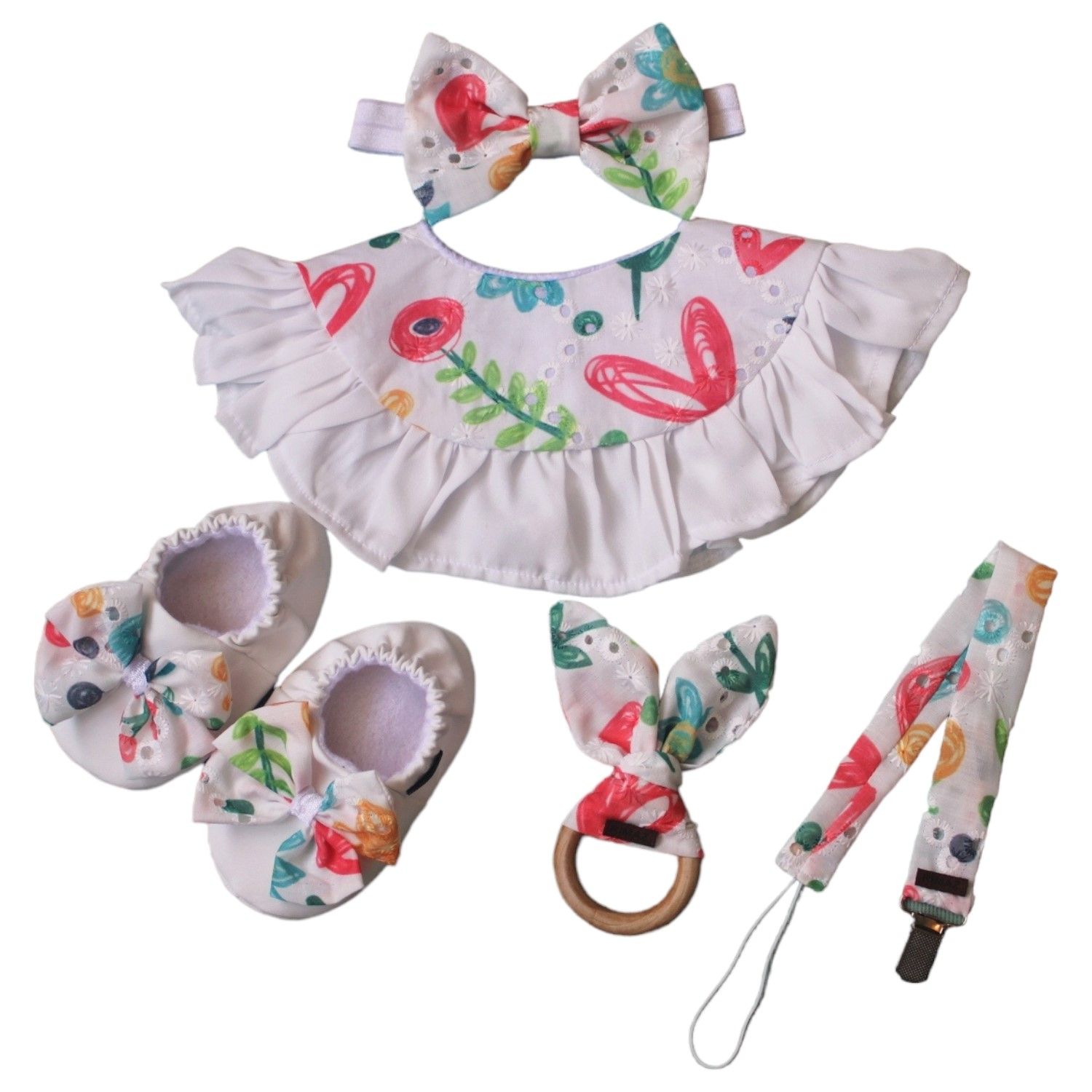 ست پیشبند هدبند و پاپوش نوزادی ریماز مدل بهار کد m2403 به همراه دندانگیر و بند پستانک - - 1