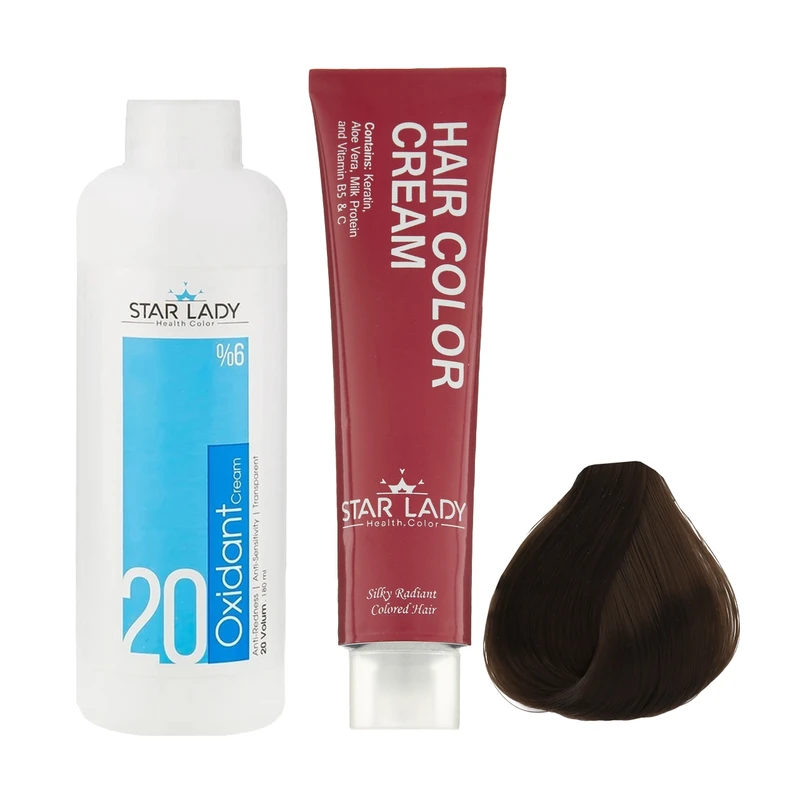 رنگ مو استارلیدی شماره 5.3 حجم 120 میلی لیتر رنگ قهوه ای زیتونی روشن به همراه اکسیدان استارلیدی مدل 20 شش درصدی حجم 180 میلی لیتر