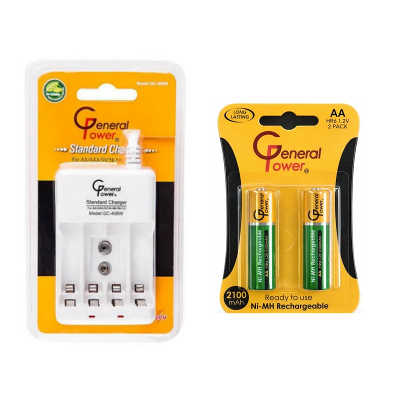 شارژر باتری جنرال پاور مدل GC-406w به همراه باتری قلمی قابل شارژ بسته دو عددی