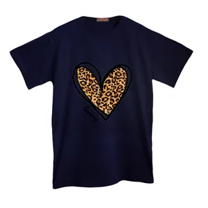 تی شرت لانگ آستین کوتاه زنانه مدل قلب پلنگی رنگ سرمه ای