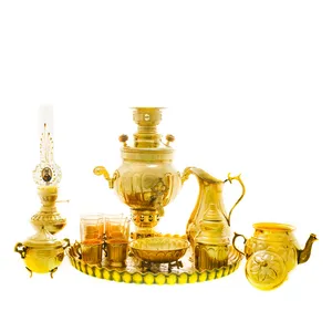 سرویس سماور ذغالی 14 پارچه برنجی مدل عدسی ترک دار کد 4432