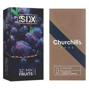 کاندوم چرچیلز مدل Ultra Thin Double Delay بسته 12 عددی به همراه کاندوم سیکس مدل میوه ای بسته 12 عددی 