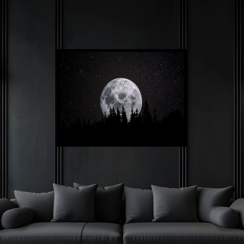 تابلو بکلیت طرح آسمان ستاره و کره ماه منظره طبیعت و جنگل مدل B-bu6611 فریم مشکی