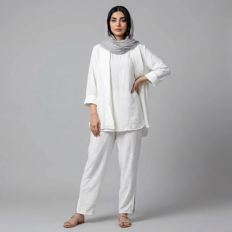 مانتو و شلوار زنانه مدل  ابرو بادی ساده جلو باز آستین بلند
