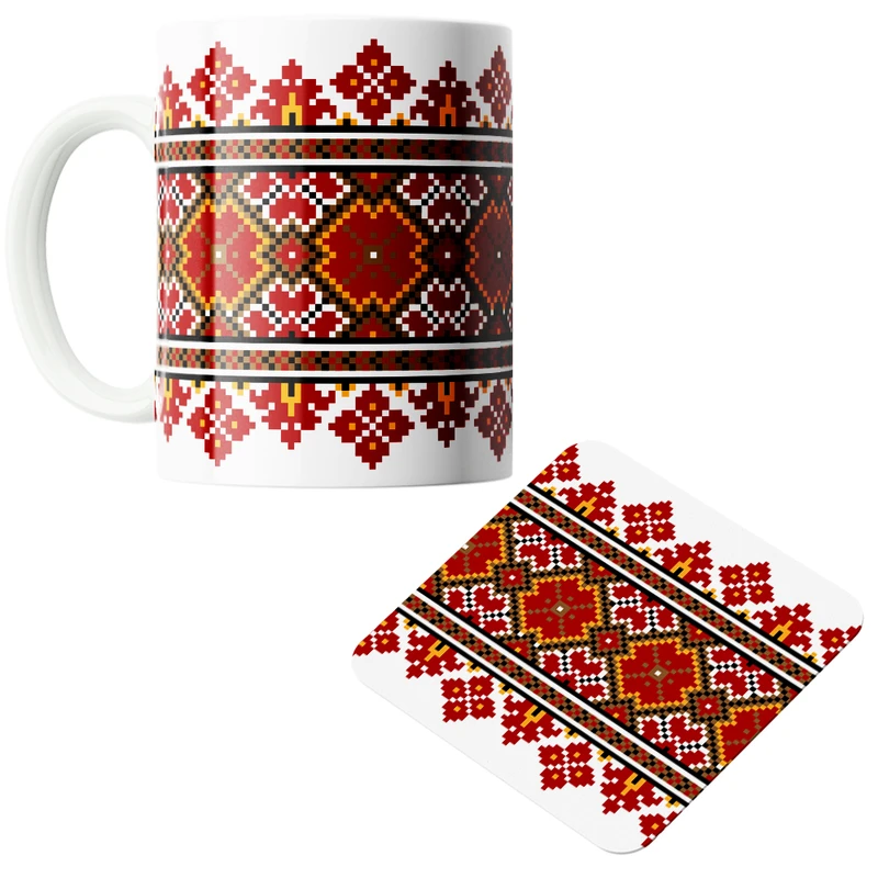 ماگ پاد آفرین مدل سنتی طرح گلیم فرش ایرانی کد PZ309 به همراه زیرلیوانی