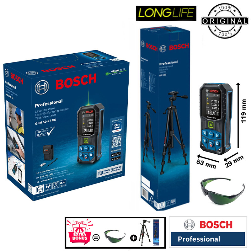 متر لیزری بوش مدل لیزر سبز GLM 50-27 CG / ISO NORM 16331-1 + BT150 + Green Glass Laser  برد 50 متر