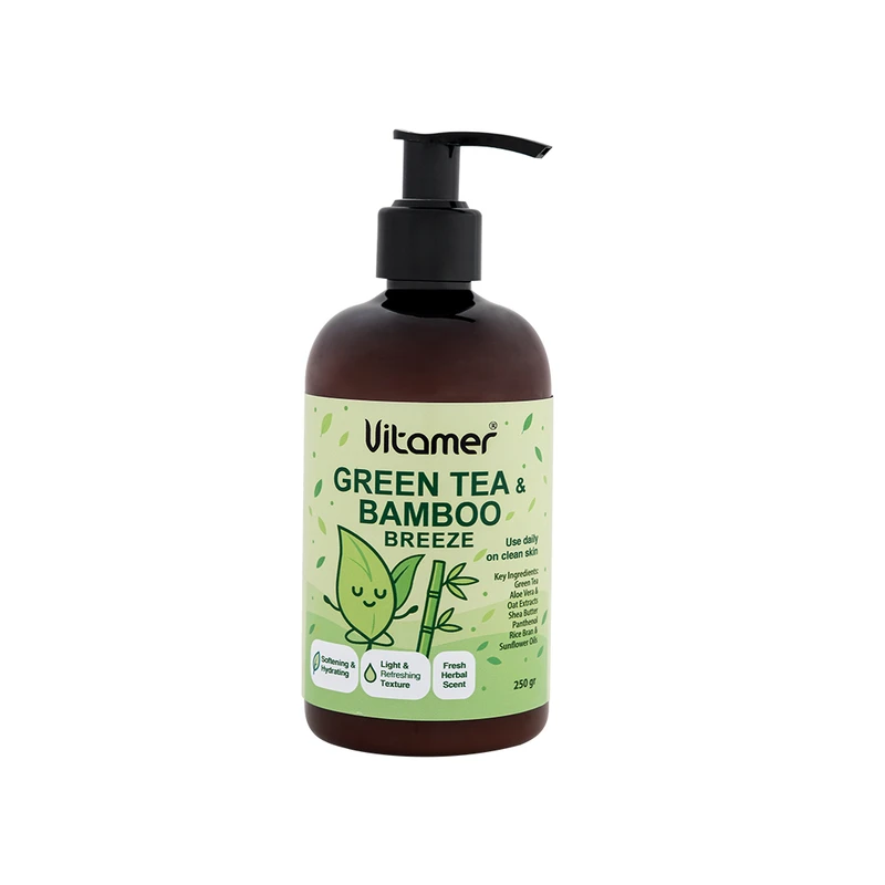 کرم مرطوب‌کننده و آبرسان بدن ویتامر مدل Green Tea & Bamboo Breeze مناسب برای انواع پوست حجم 250 میلی‌لیتر