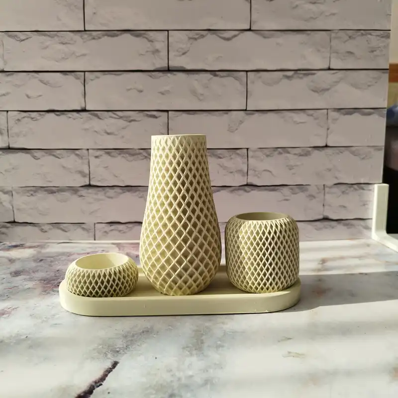 ست 3 تکه گلدان و جاشمعی بتنی مدل لانه زنبوری به همراه سینی