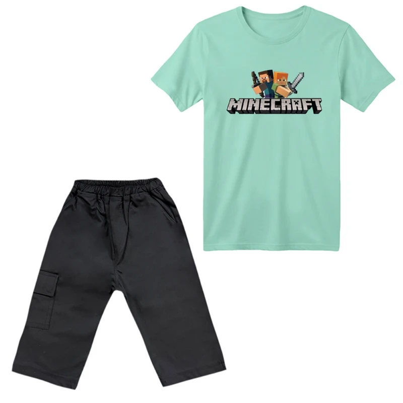 ست تی‌شرت آستین کوتاه و شلوارک پسرانه مدل ماینکرفت کد ۲ رنگ سبز روشن