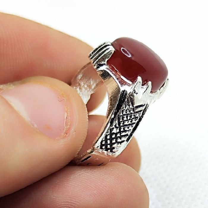 انگشتر نقره مردانه مدل سنگ عقیق رضوی رکاب چهار چنگ اسپرت کد 200 -  - 3