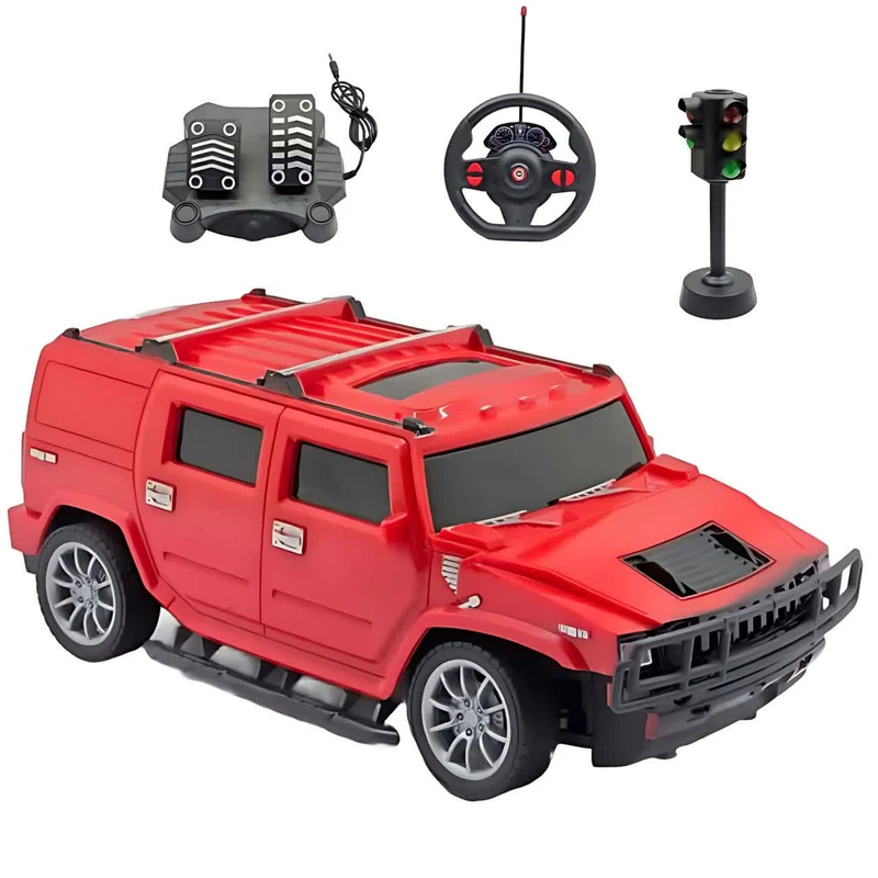 ماشین بازی کنترلی ناب سل مدل هامر شارژی پدال دار فرمانی چراغ دار همراه با چراغ راهنمایی  Rechargeable hammer rd with pedals, illuminated steering wheel and traffic lights