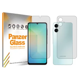 Panzer Glass Resistant model transparent screen protector suitable for Samsung Galaxy F05 mobile phone along with the back protector