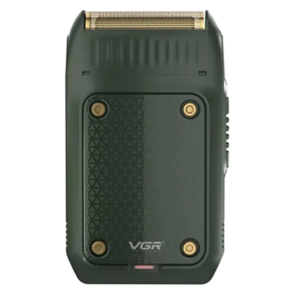 ماشین اصلاح موی صورت وی جی آر مدل V-353 با تیغه استیل پیشرفته، تکنولوژی فویلی، قابلیت اصلاح با شماره صفر، باتری 600 میلی‌آمپر ساعت و شارژر USB، طراحی ارگونومیک و سبک با برس تمیزکننده و محافظ