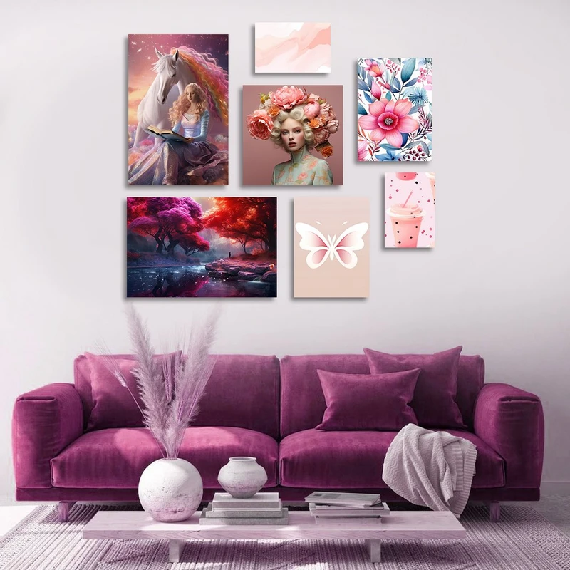 تابلو شاسی بکلیت طرح نقاشی فانتزی دخترانه و جنگل پاییزی مدل SH-1380 مجموعه 7 عددی