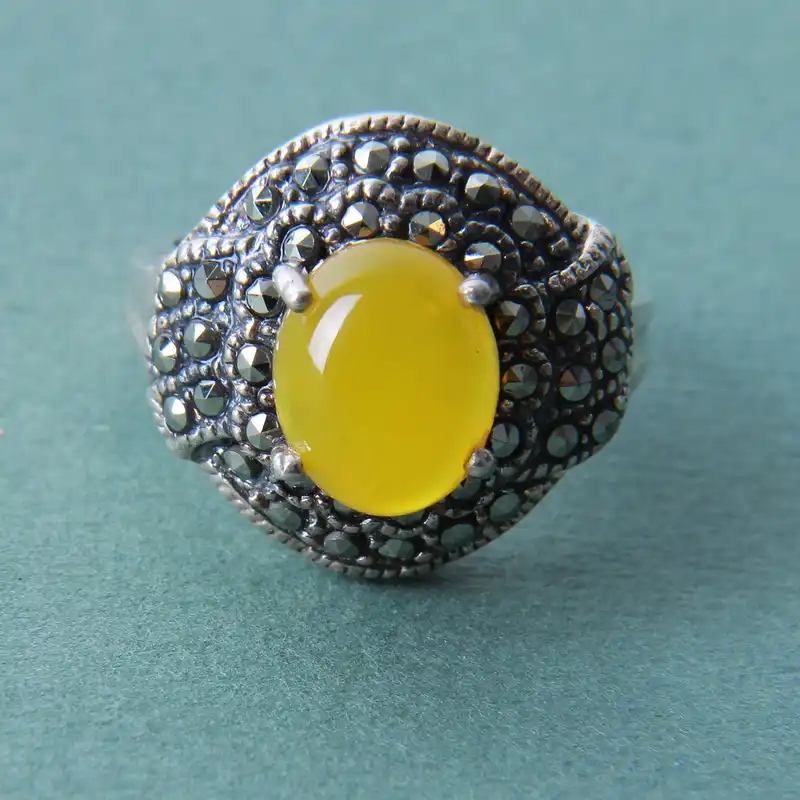 انگشتر نقره زنانه بازرگانی میلادی مدل سنگ عقیق شرف الشمس نگین مارکازیت بدون ریزش کد AW_306