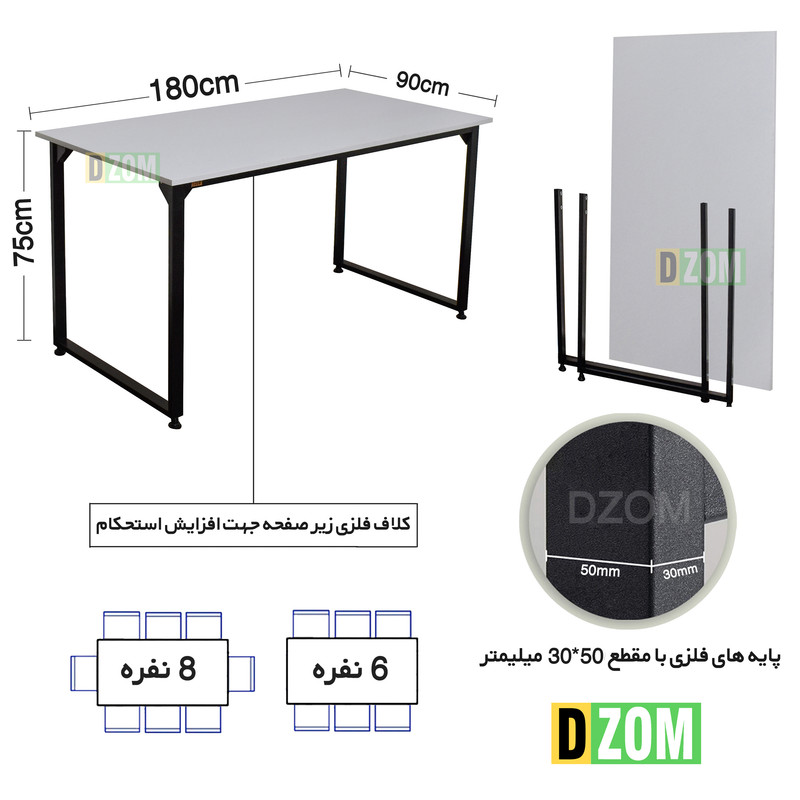 میز ناهارخوری دیزم مدل مونتاژی LNC_asm_180×90_W