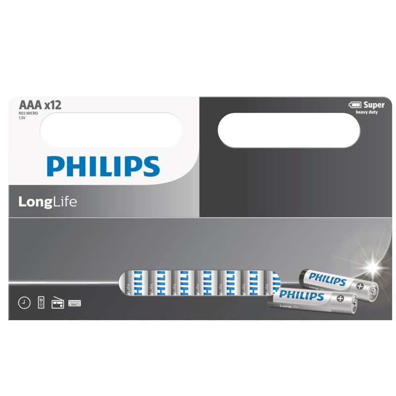 باتری نیم قلمی فیلیپس مدل LongLife R03L12W بسته 12 عددی