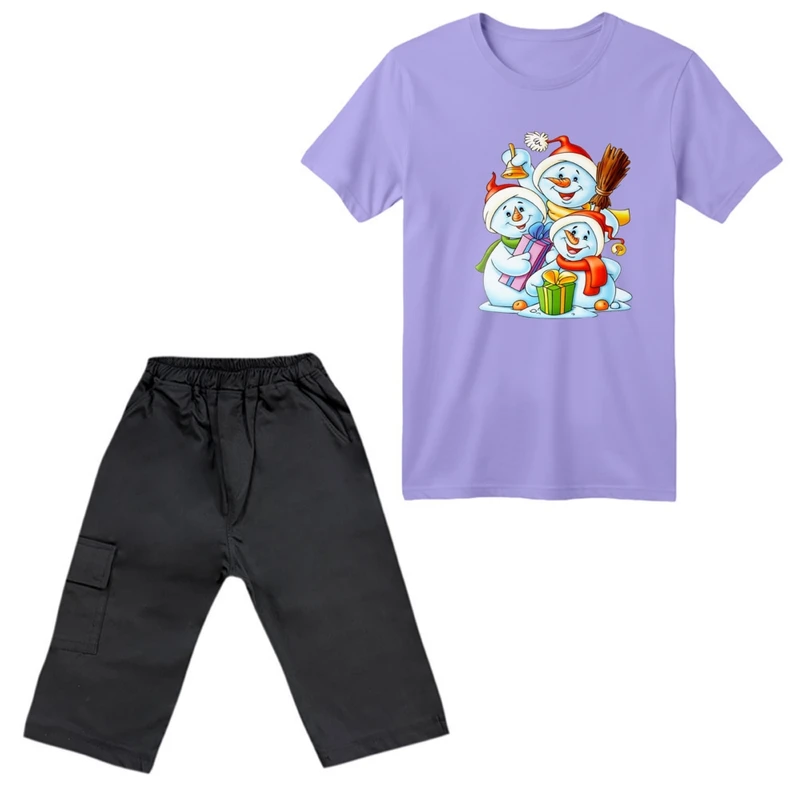 ست تی‌شرت آستین کوتاه و شلوارک دخترانه مدل آدم برفی کریسمس کد 01 رنگ یاسی