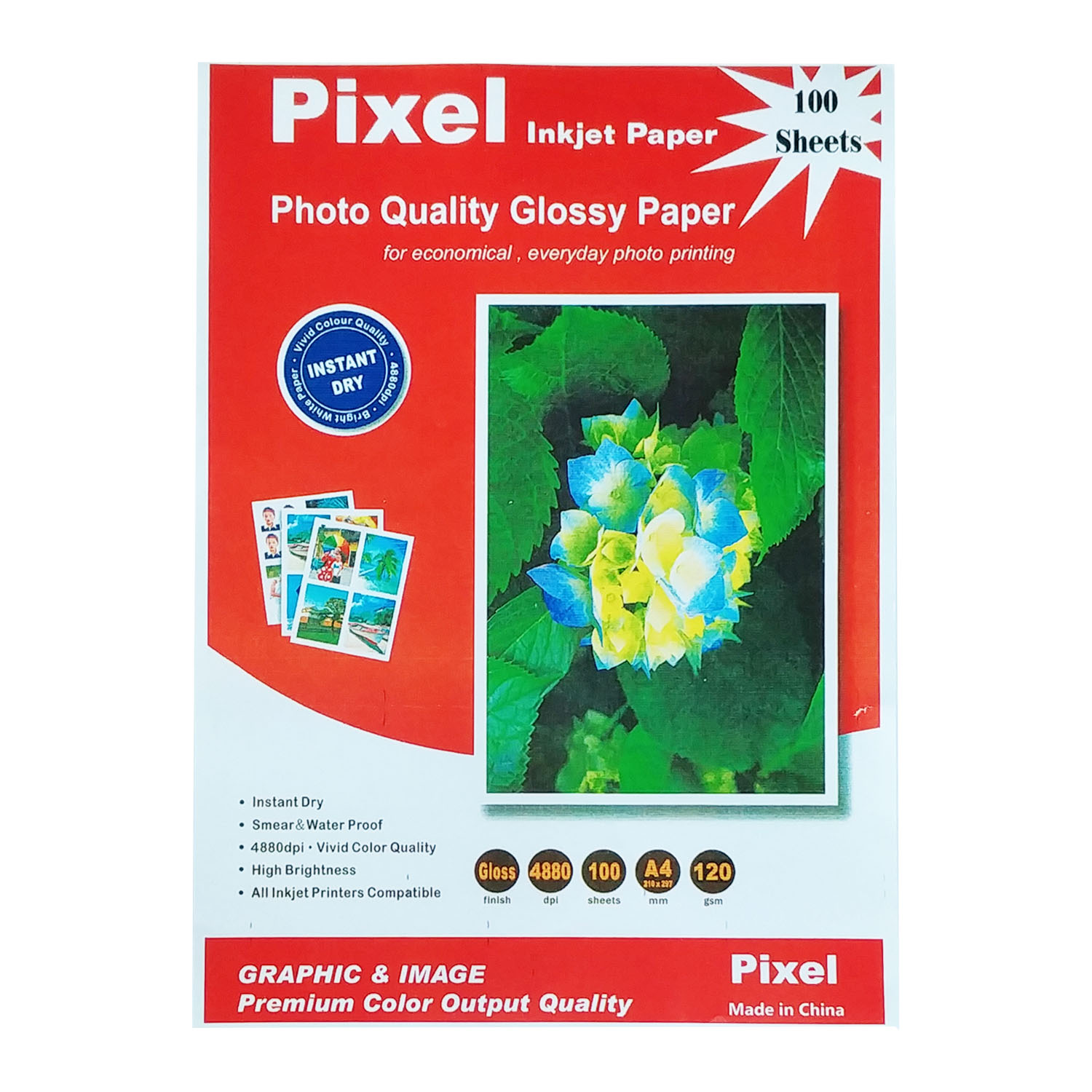 کاغذ چاپ عکس گلاسه پیکسل مدل Premium-120g سایز A4 بسته 100 عددی