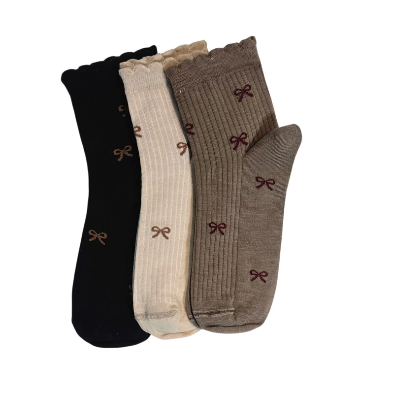 جوراب ساق کوتاه زنانه مدل پاپیونی لبه دار بسته 3 عددی