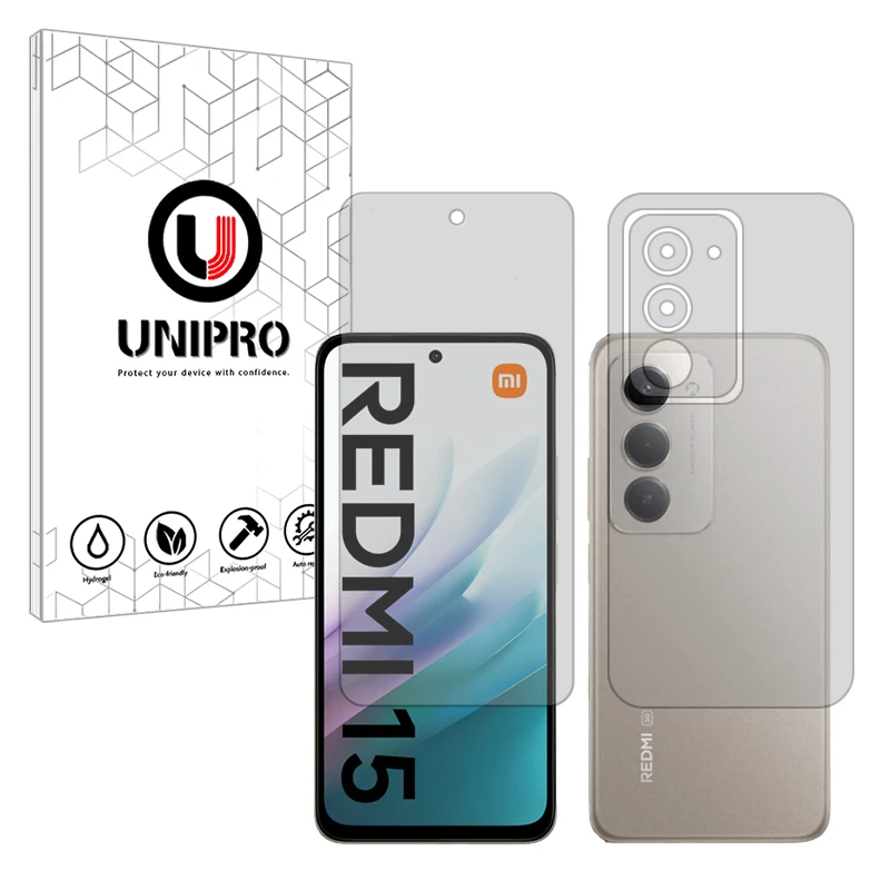محافظ صفحه نمایش شفاف یونی پرو مدل Explosion Proof مناسب برای گوشی موبایل شیائومی Redmi 15 4G به همراه محافظ پشت گوشی 