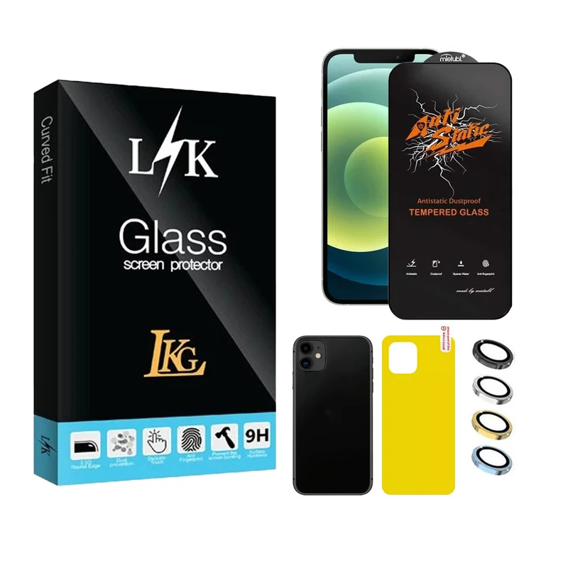 محافظ صفحه نمایش ال کا جی مدل انتی استاتیک مناسب برای گوشی موبایل اپل iPhone 12 به همراه محافظ پشت گوشی و محافظ لنز