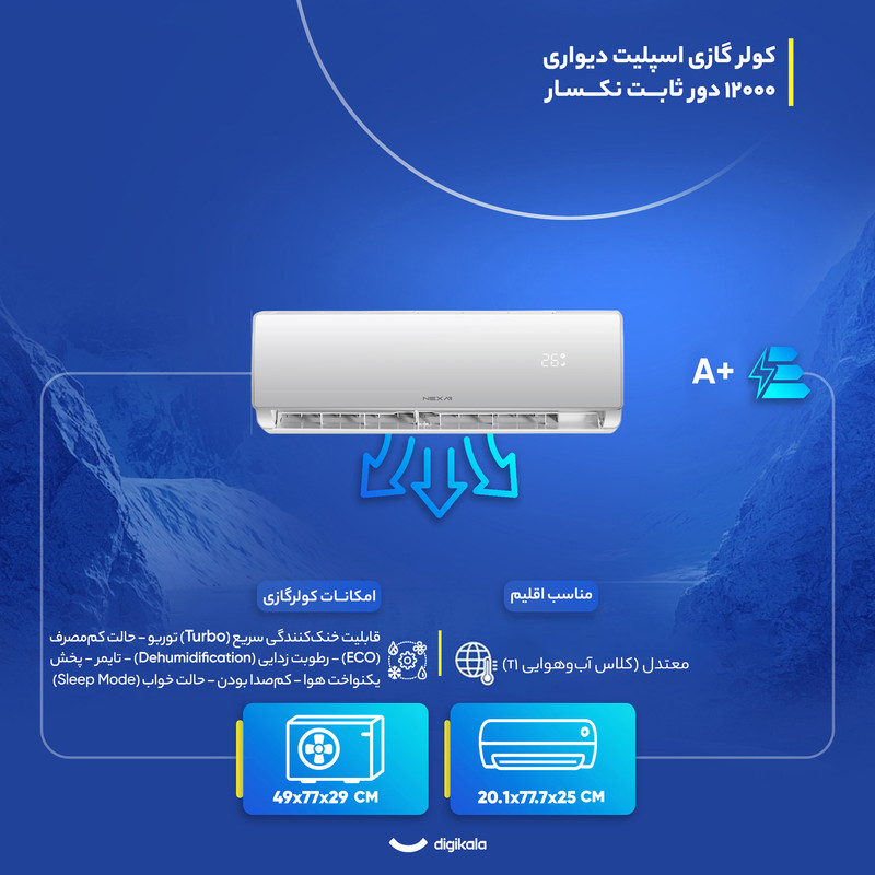 کولر گازی اسپلیت دیواری 12000 دور ثابت نکسار مدل TF12ELN1