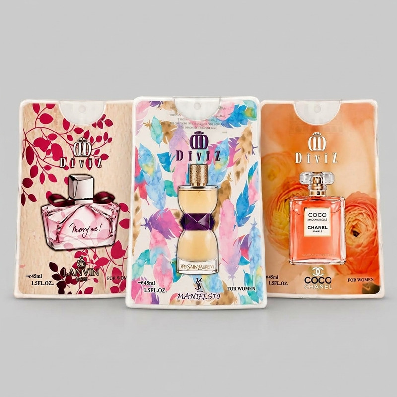 عطر جیبی زنانه دیوایز مدل کوکو شنل، منیفستو، مری می، با رایحه گرم و شیرین حجم 45 میلی‌لیتر بسته 3 عددی