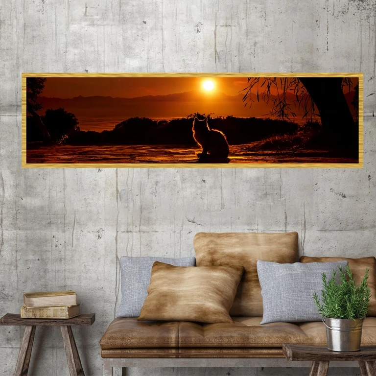 تابلو بکلیت طرح حیات وحش گربه و غروب آفتاب مدل T-7338