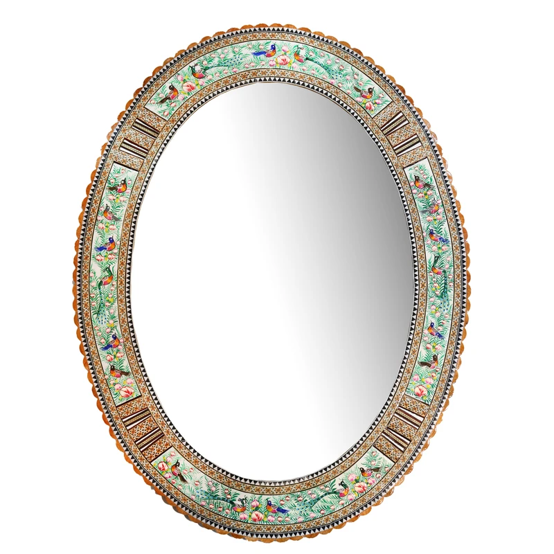 آینه خاتم کاری چوبی صنایع دستی فاخر مدل الیپس طرح گل و مرغ برجسته کد Gr86p66in7050-5f5
