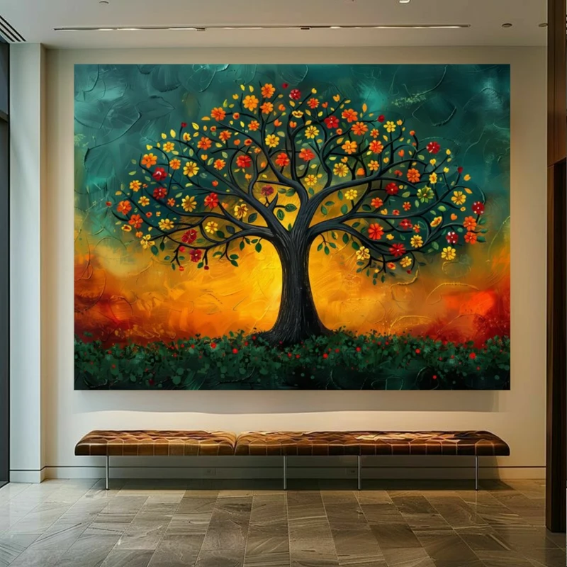 تابلو بوم طرح مخمل درخت مدل شکوفه رنگارنگ کد PY236