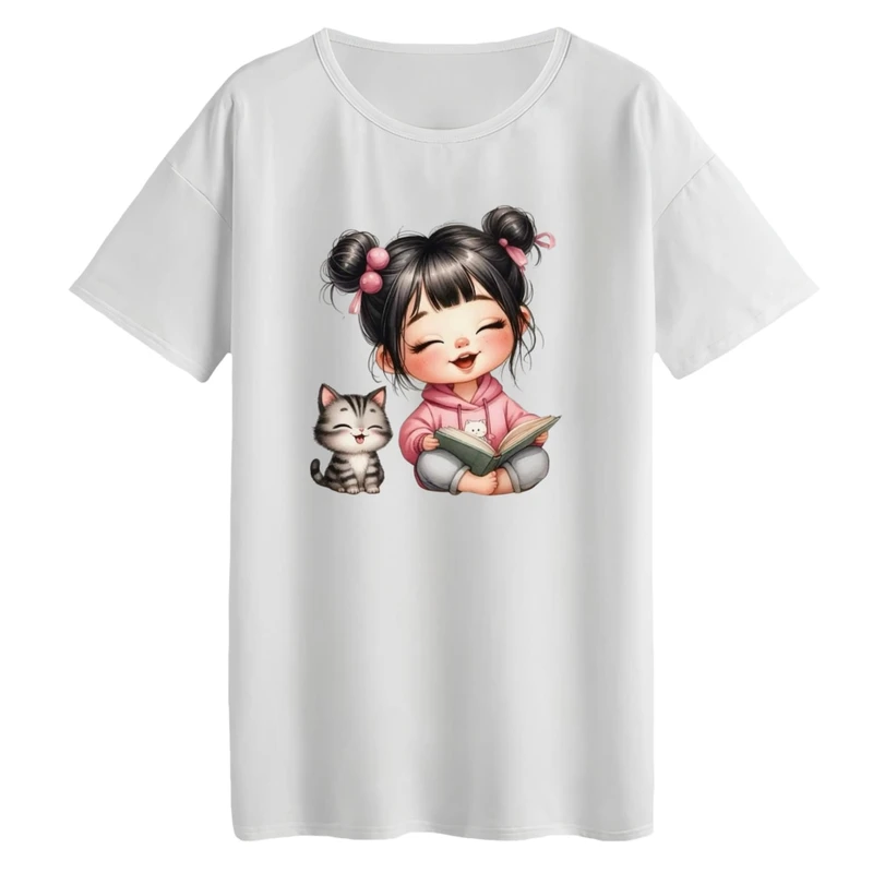 تی‌شرت لانگ آستین کوتاه زنانه مدل دخترک و گربه