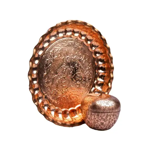 ست دیس و قندان مسی بیجاری کرمان - طرح کنگره دار