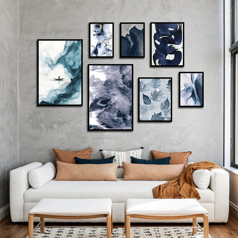 تابلو بکلیت طرح نقاشی آبرنگی برگ و دریا مدل B-3432 فریم مشکی مجموعه 7 عددی 