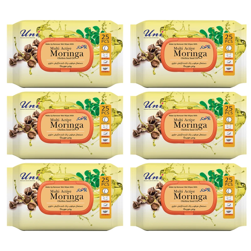 دستمال مرطوب یونی لد مدل پاک کننده آرایش روغن مورینگا شش بسته 25 عددی