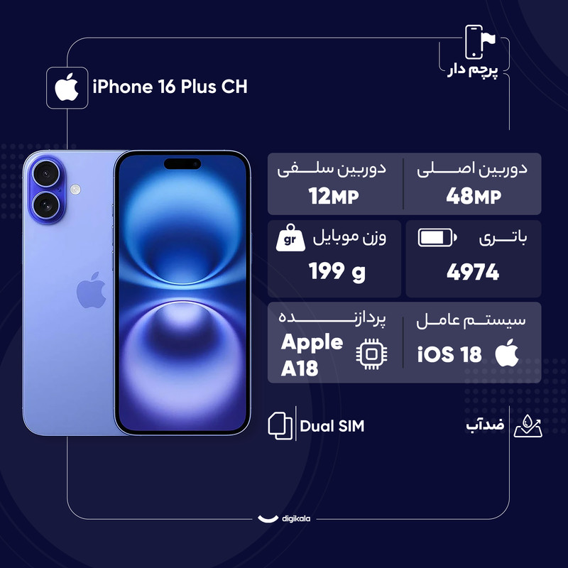 گوشی موبایل اپل مدل iPhone 16 Plus CH دو سیم کارت ظرفیت 512 گیگابایت و رم 8 گیگابایت