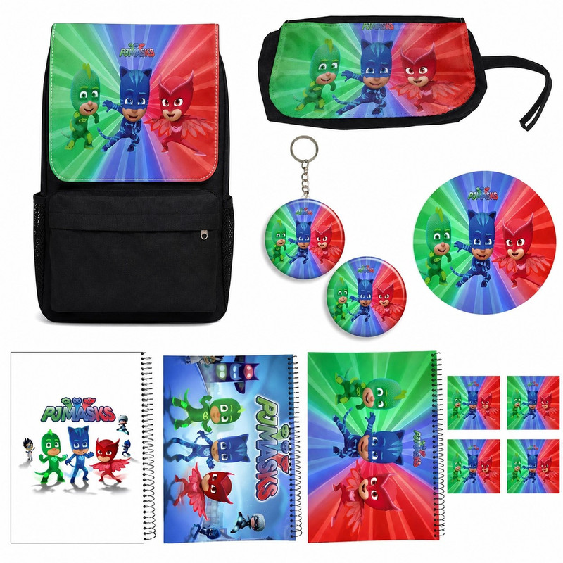 کوله پشتی طرح گروه شب نقاب کد pj masks A1 به همراه دفتر مشق و جامدادی و زیر لیوانی و جاکلیدی و پیکسل و برچسب مجموعه 12 عددی