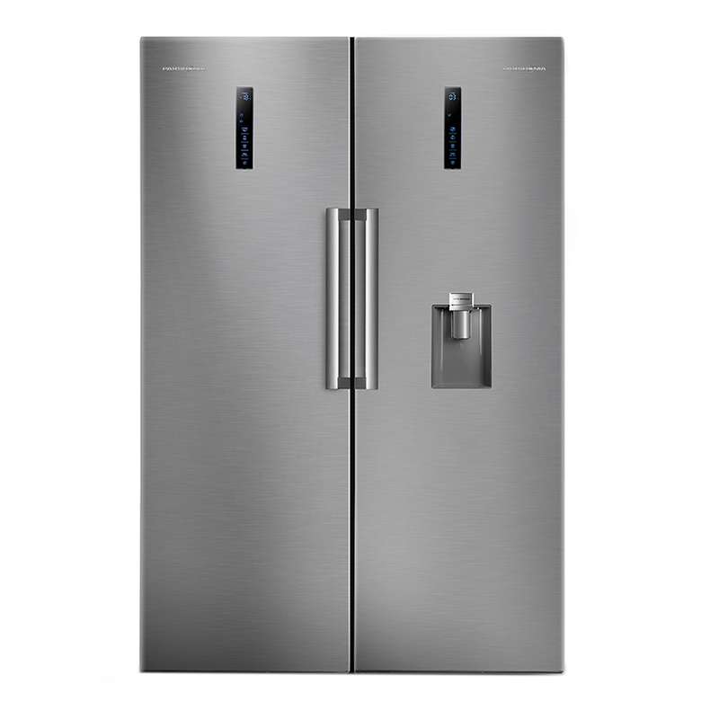 یخچال فریزر دوقلو پاکشوما مدل RTRA-RTFA901 iX (N1) سری Twin Peaks، دارای نمایشگر و بدون برفک، با ارتفاع 187، پهنای 118 و عمق 73 سانتی‌متر، میزان مصرف انرژی A+، دارای 5 طبقه در یخچال و 4 کشو در فریزر