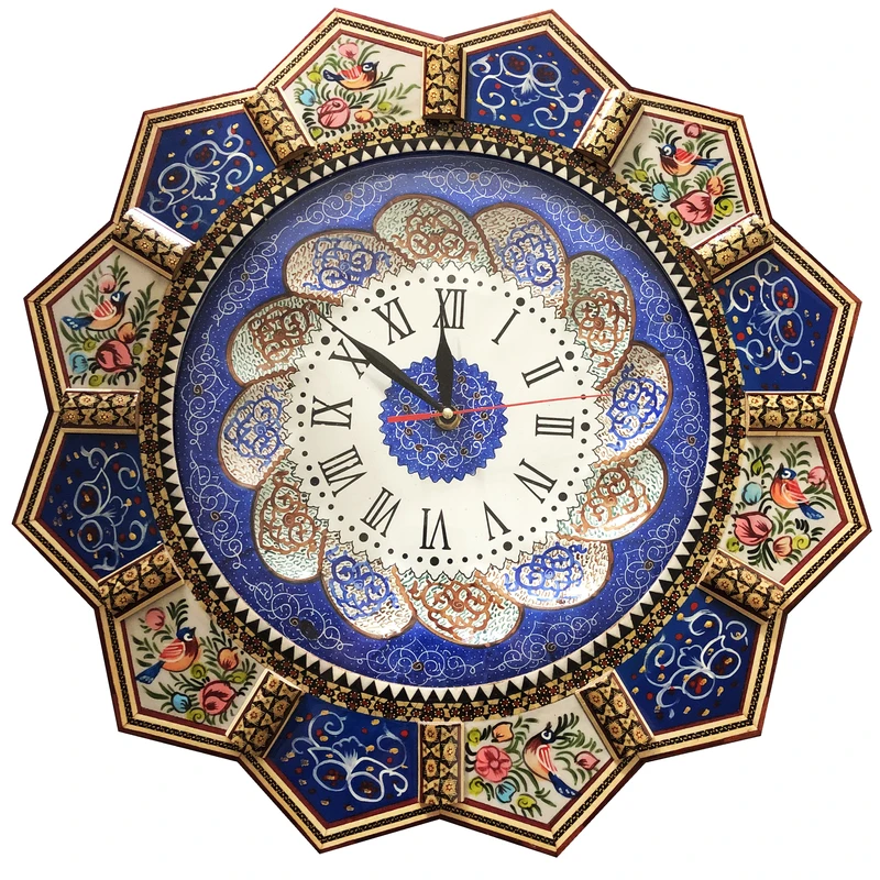 ساعت دیواری خاتم کاری چوبی طرح گل و مرغ کد R30-gj12